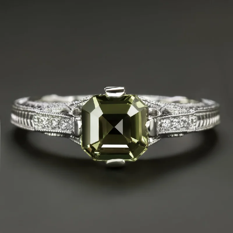 Women’s emerald cut engagement ring-GREEN SAPPHIRE DIAMOND VINTAGE STYLE RING ASSCHER CUT 14k WHITE GOLD NATURAL