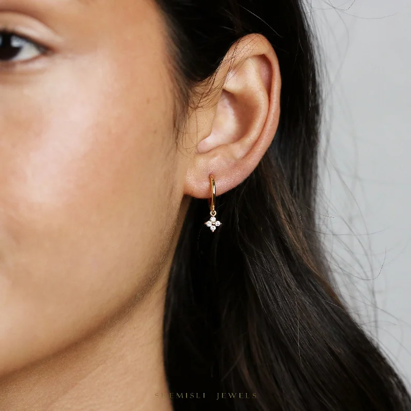 Women’s teardrop earrings-4 leaf Clover CZ Drop Hoop Earrings, Flower Dangle Huggies, Unisex, Gold, Silver SHEMISLI SH100, SH541, SH542, SH543, SH544