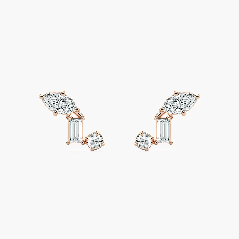 Women’s chandelier drop earrings-Three-Stone Stud Earrings - Marquise, Baguette and Round