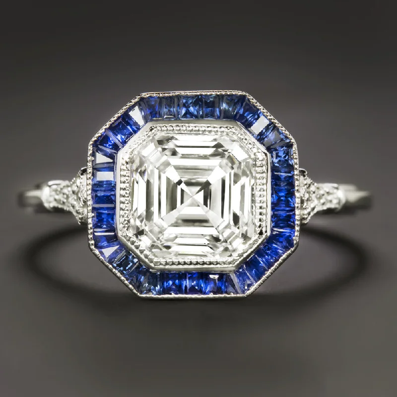 Women’s matching engagement ring-2ct LAB CREATED DIAMOND SAPPHIRE RING ASSCHER CUT VINTAGE STYLE 14k WHITE GOLD