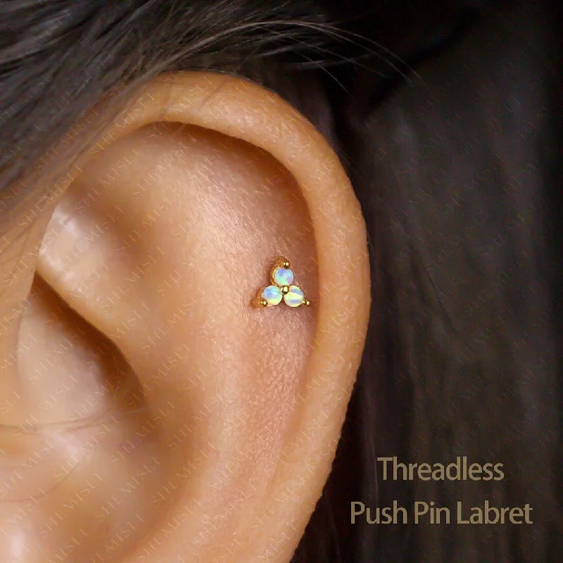 Women’s sapphire earrings-Tiny 3-Petal Opal Flower Threadless Flat Back Earrings, 20,18,16ga, 5-10mm, Unisex, Surgical Steel, SHEMISLI SS546