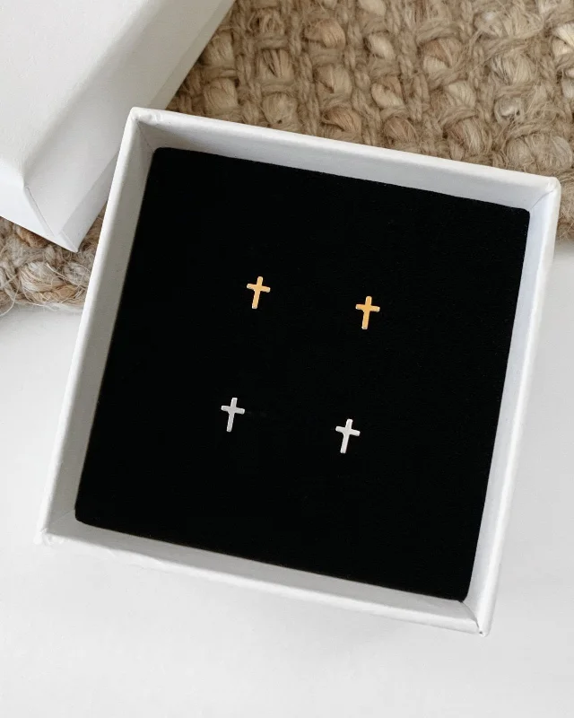 Women’s hoop earrings-Cross Stud Earrings - 14k Yellow Gold Fill