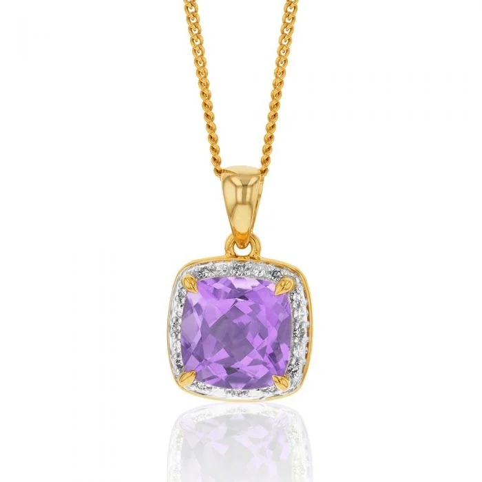 Women’s double pendant necklace-9ct Yellow Gold Amethyst and Diamond Pendant