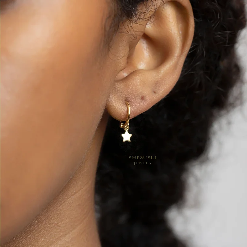 Women’s luxury earrings-Tiny Star Hoop Earrings, Star Drop Huggies, Unisex, Gold, Silver SHEMISLI SH642