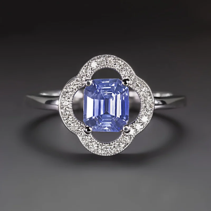 Women’s wide band engagement ring-SAPPHIRE DIAMOND COCKTAIL RING EMERALD CUT FLOWER SCALLOPED HALO 14k WHITE GOLD