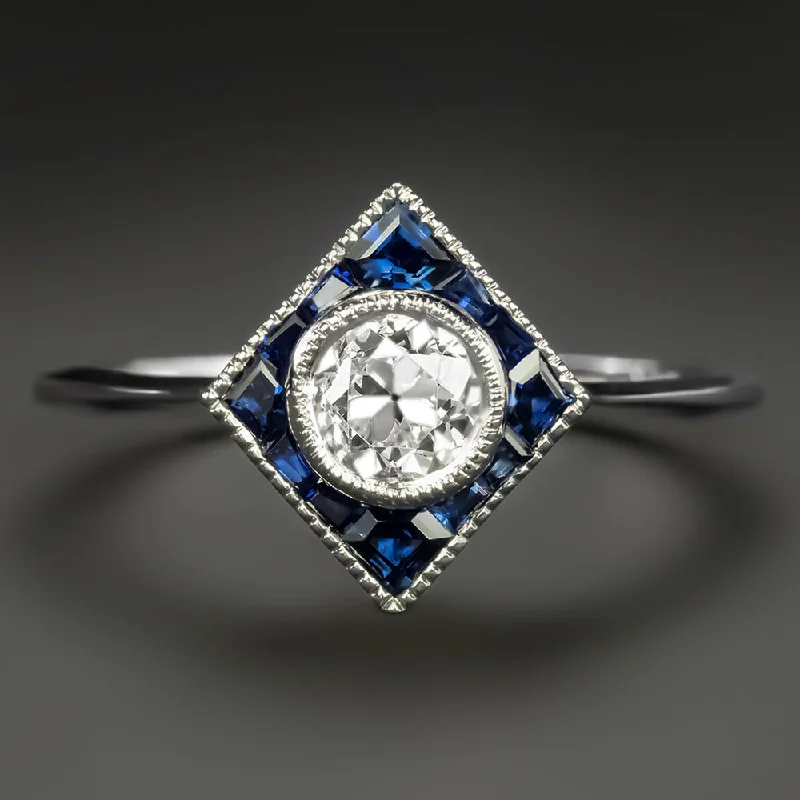 Women’s custom engagement ring-OLD EUROPEAN CUT DIAMOND SAPPHIRE RING VINTAGE STYLE ART DECO WHITE GOLD 0.40ct