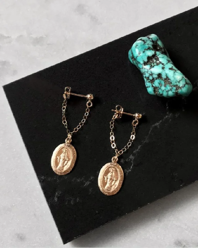 Women’s sterling silver earrings-Miraculous Medal Short Chain Stud Earrings  - 14k Yellow Gold Fill