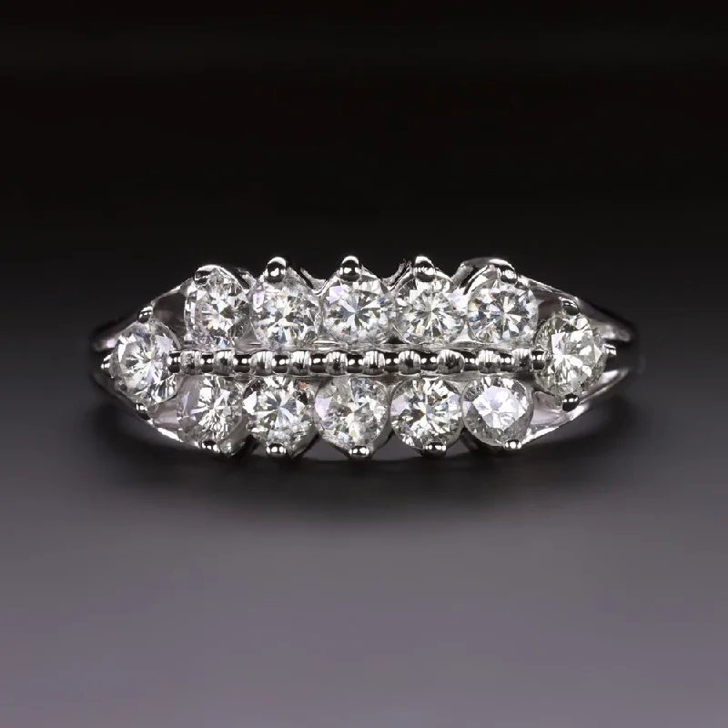 Women’s vintage diamond engagement ring-NATURAL DIAMOND COCKTAIL RING 0.90ct VERY GOOD CUT 14k WHITE GOLD 2 ROW NATURAL