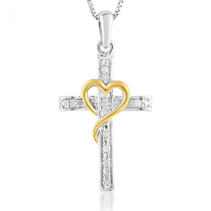 Women’s personalized necklace-5 Point Diamond Cross Pendant in Sterling Silver with Yellow Heart Accent on 45cm Silver Chain