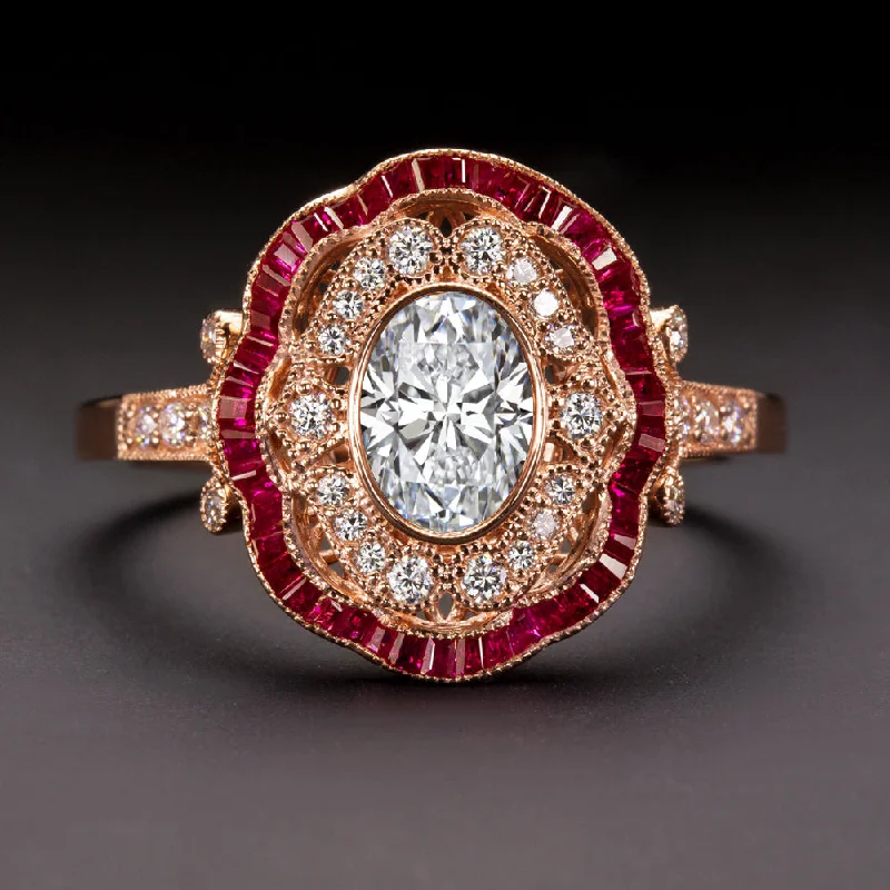 Women’s floral diamond engagement ring-LAB CREATED DIAMOND RUBY COCKTAIL RING VINTAGE STYLE ART DECO 14k ROSE GOLD