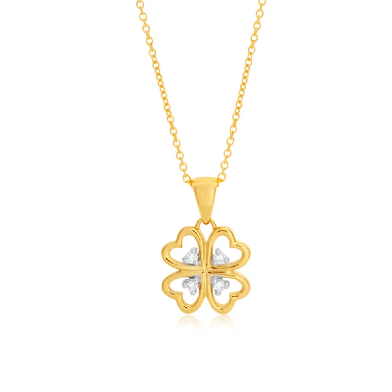 Women’s art deco necklace-9ct Yellow Gold Luxurious 4 leaf clover Diamond Pendant With 45cm Chain