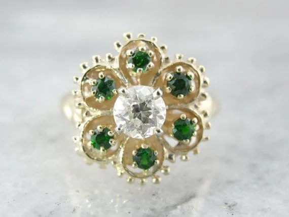 Women’s solitaire diamond engagement ring-Demantoid Garnet and Diamond Ladies Cocktail Ring