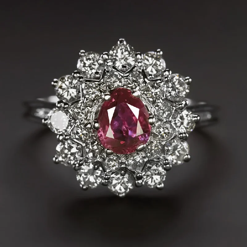 Women’s antique gold engagement ring-2.20ct RUBY DIAMOND COCKTAIL RING 18k WHITE GOLD PEAR SHAPE DOUBLE HALO NATURAL