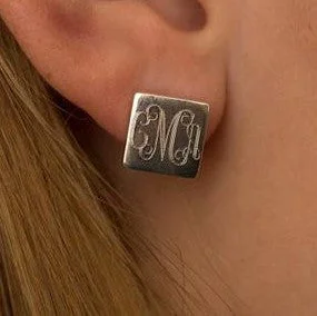 Women’s hoop and stud earrings-Square Monogram Stud Earrings in Sterling Silver