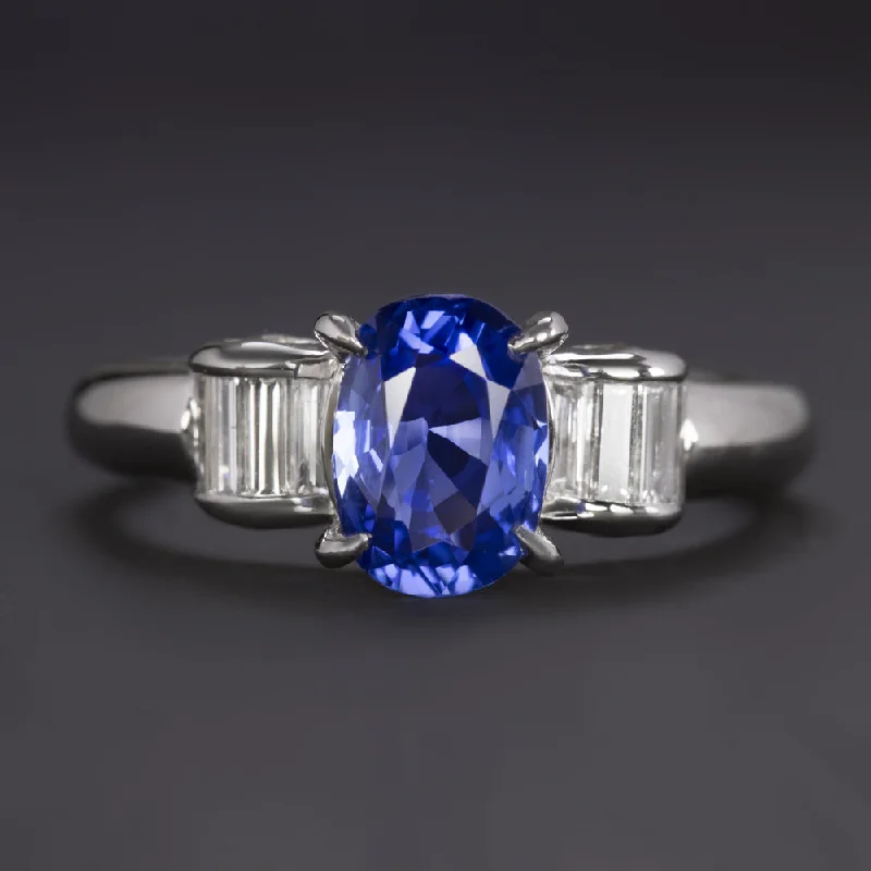 Women’s unique custom engagement ring-1.95ct SAPPHIRE DIAMOND COCKTAIL RING PLATINUM OVAL SHAPE NATURAL BAGUETTE CUT