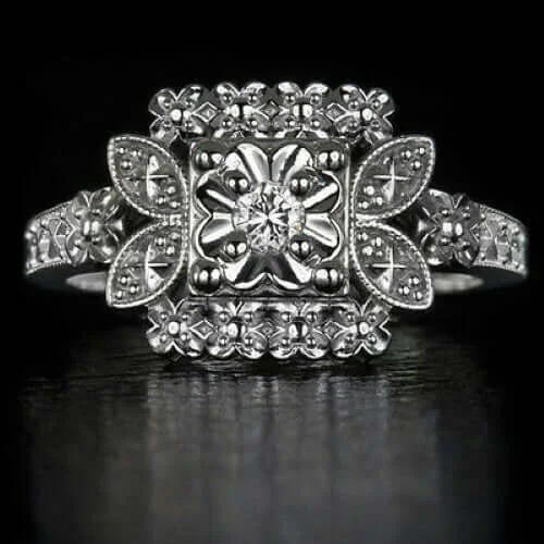 Women’s white gold engagement ring-VINTAGE STYLE DIAMOND ART NOUVEAU ROUND ILLUSION COCKTAIL RING NATURAL PROMISE