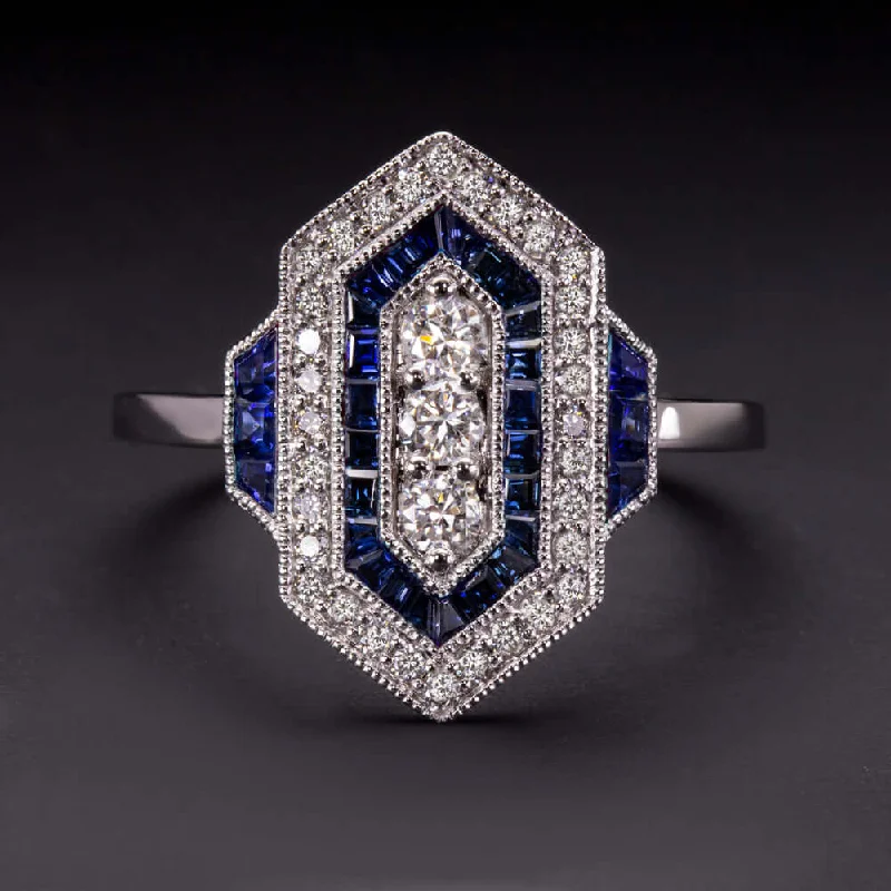 Women’s dazzling engagement ring-DIAMOND SAPPHIRE VINTAGE STYLE RING ART DECO GEOMETRIC COCKTAIL CALIBRE NATURAL