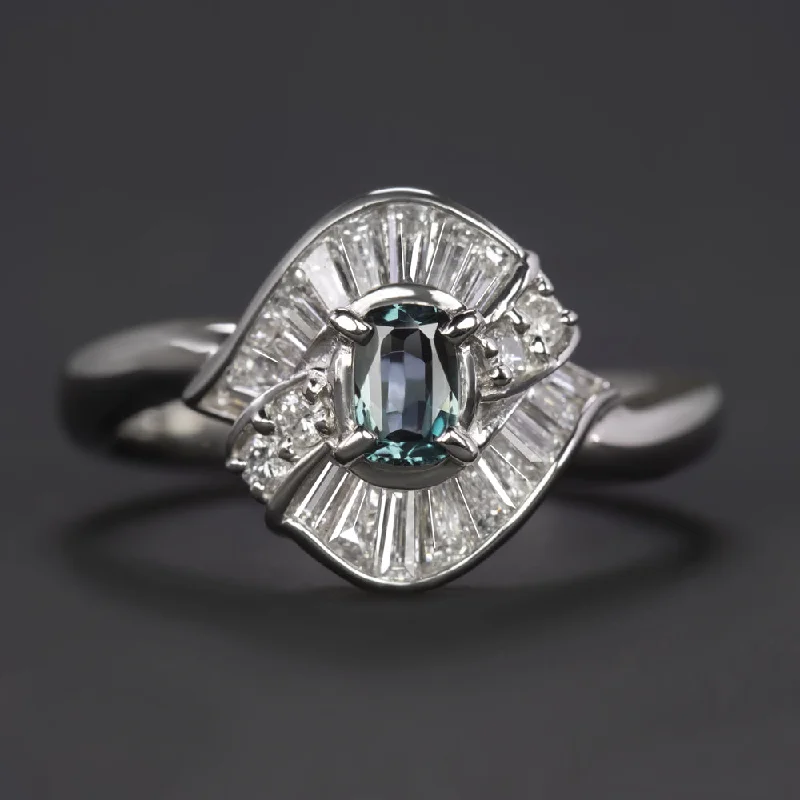 Women’s classic solitaire engagement ring-ALEXANDRITE DIAMOND COCKTAIL RING PLATINUM BYPASS HALO COLOR CHANGE GREEN PURPLE