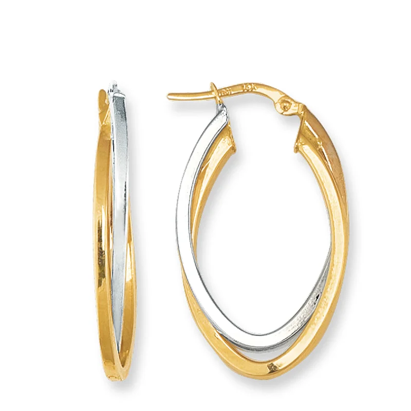 Women’s crystal earrings-14K Yellow And White Gold Oval Shape Two Tone Double Row Hoop Earrings