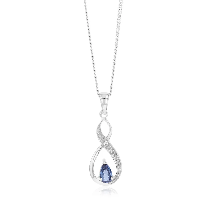 Women’s zodiac necklace-Created Pear Cut Tanzanite & Diamond Infinity Pendant in 9ct White Gold