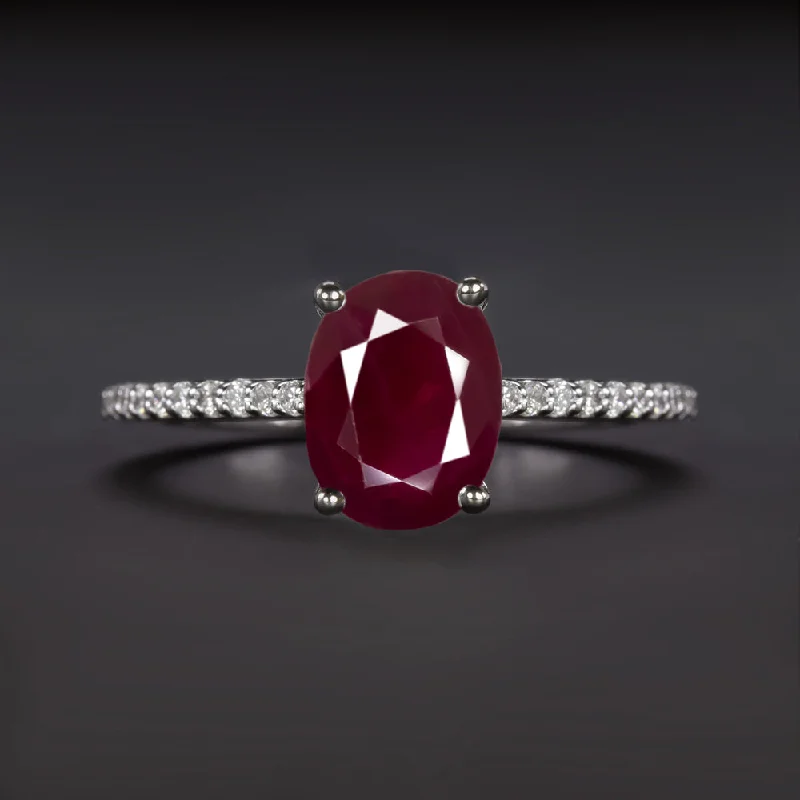 Women’s contemporary engagement ring-1.60ct RUBY DIAMOND COCKTAIL RING OVAL SHAPE CUT THIN PAVE BAND 14k WHITE GOLD