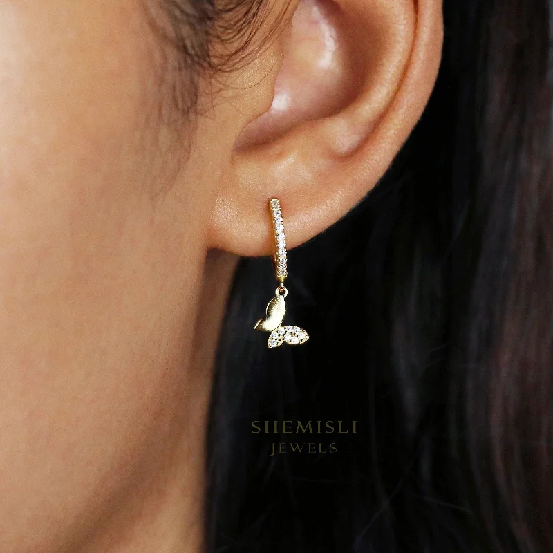 Women’s sparkly earrings-Butterfly CZ Hoop Dangle Earrings, Drop Huggies, Gold, Silver SHEMISLI SH106 LR