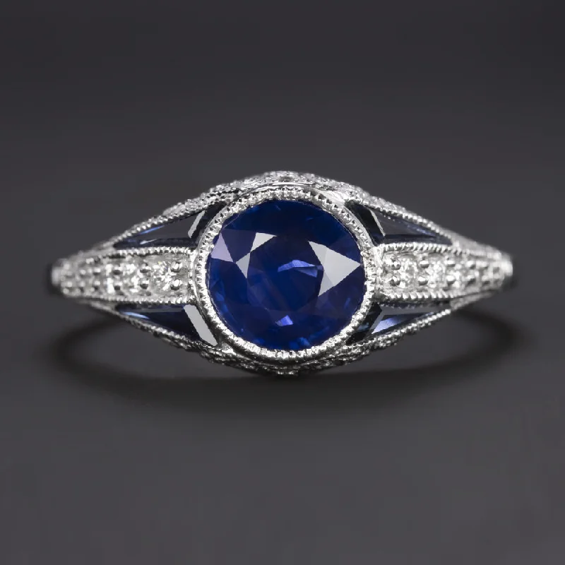 Women’s simple engagement ring-SAPPHIRE DIAMOND COCKTAIL RING VINTAGE STYLE ART DECO 14k WHITE GOLD NATURAL