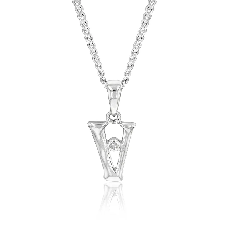 Women’s adjustable gold necklace-Silver Pendant Initial V set with Diamond