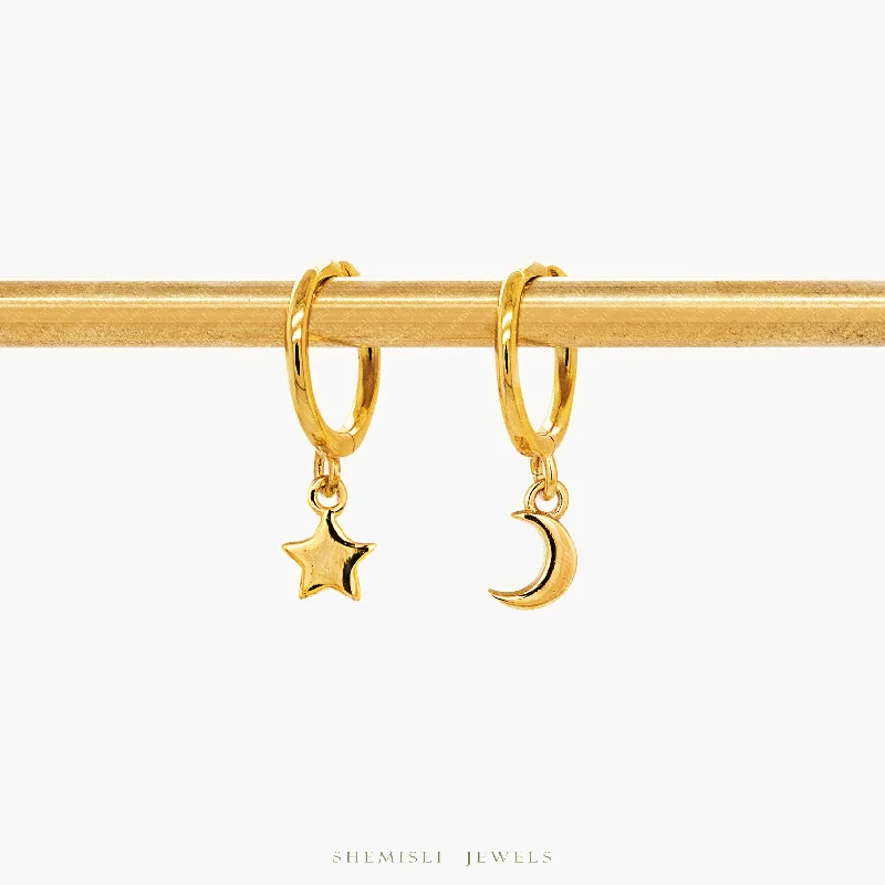 Women’s oval hoop earrings-Tiny Star and Moon Hoop Earrings, Celestial Drop Huggies, Unisex, Gold, Silver SHEMISLI SH199, SH642, SH643