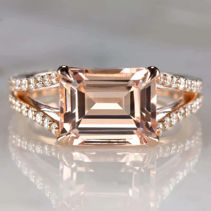 Women’s custom engagement ring-2.7 EMERALD CUT MORGANITE .60ct DIAMOND COCKTAIL RING EAST WEST PINK ROSE GOLD