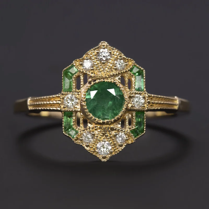 Women’s gold band engagement ring-VINTAGE STYLE EMERALD DIAMOND COCKTAIL RING 14k YELLOW GOLD ART DECO NATURAL