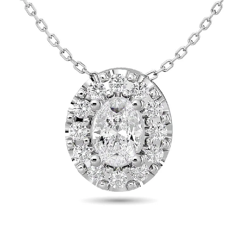 Women’s cubic zirconia necklace-Diamond Oval Cut Single Halo Pendant 1/4 ct tw in 14K White Gold