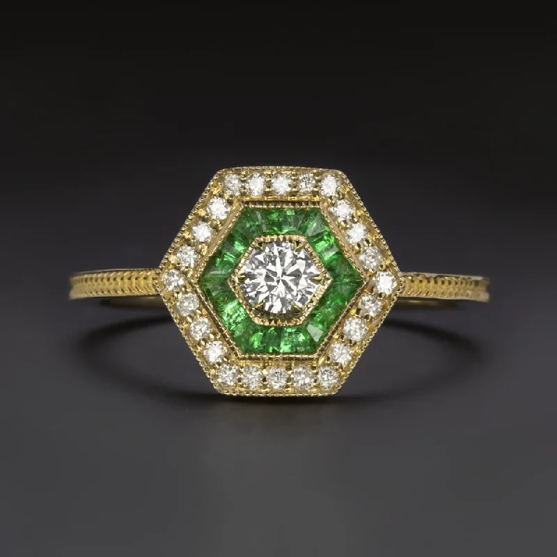 Women’s classic engagement ring-DIAMOND EMERALD RING ART DECO VINTAGE STYLE HEXAGON DOUBLE HALO 14k YELLOW GOLD