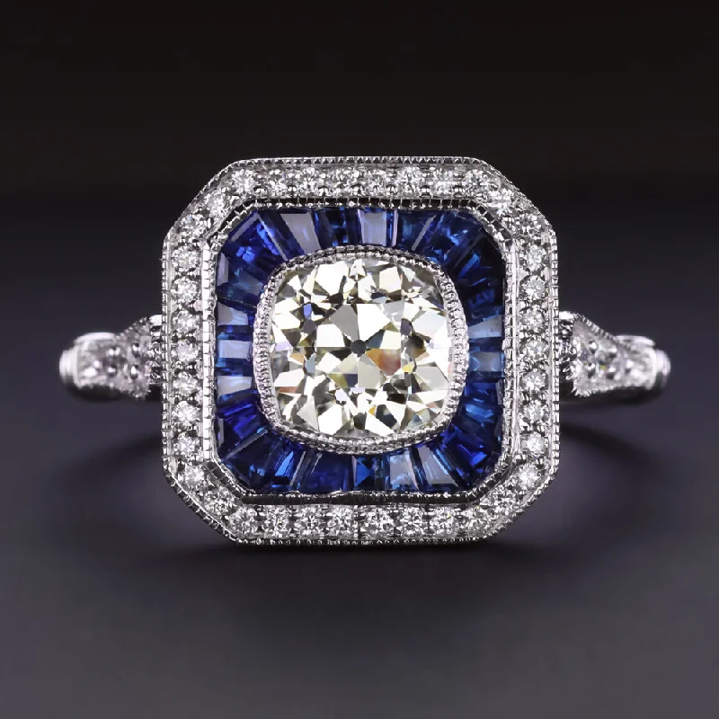 Women’s affordable diamond engagement ring-OLD MINE CUT DIAMOND SAPPHIRE COCKTAIL RING CERTIFIED VINTAGE STYLE WHITE GOLD