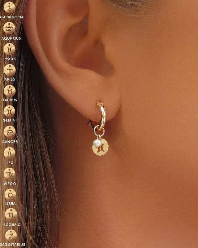 Women’s diamond earrings-Freshwater Pearl Zodiac Thick Hoop Earrings  - 14k Yellow Gold Fill