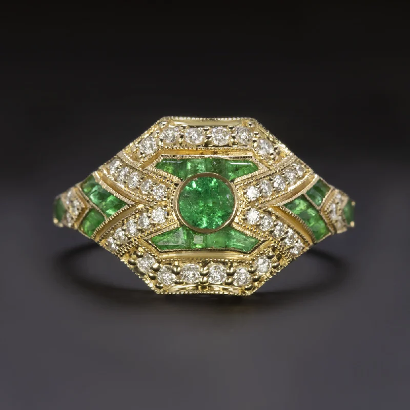 Women’s unique engagement ring-EMERALD DIAMOND ART DECO STYLE RING 14k YELLOW GOLD NATURAL VINTAGE COCKTAIL