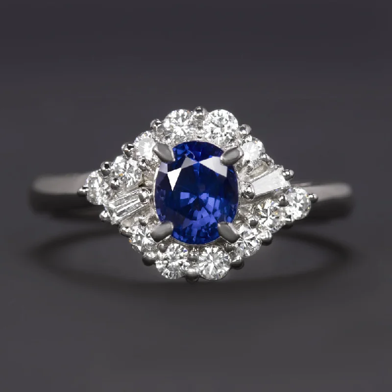 Women’s timeless engagement ring-1.20ct SAPPHIRE DIAMOND COCKTAIL RING PLATINUM HALO CLUSTER NATURAL OVAL SHAPE