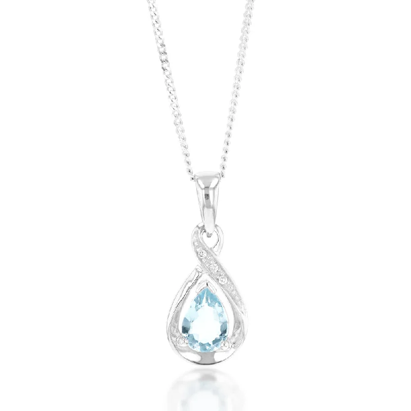 Women’s diamond pendant necklace-9ct White Gold Pear Shaped Aquamarine + Diamond Pendant