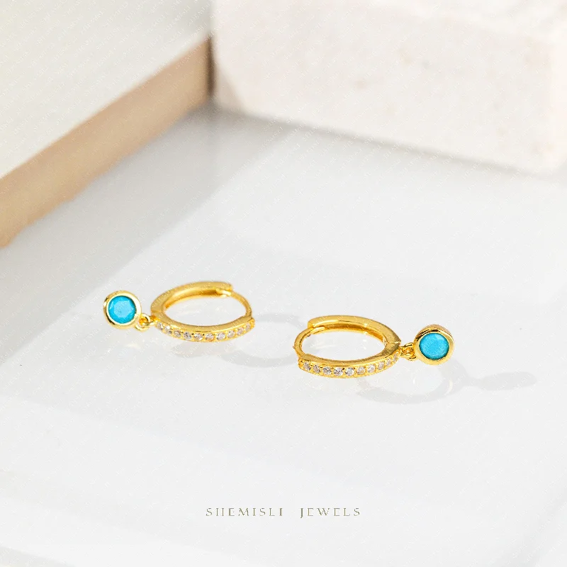 Women’s drop earrings-Turquoise CZ Hoop Earrings, Huggies, Gold, Silver SHEMISLI SH202