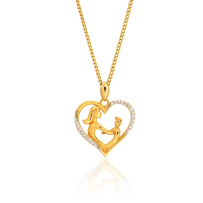 Women’s round pendant necklace-9ct Yellow Gold Diamond Mother & Child Heart Pendant