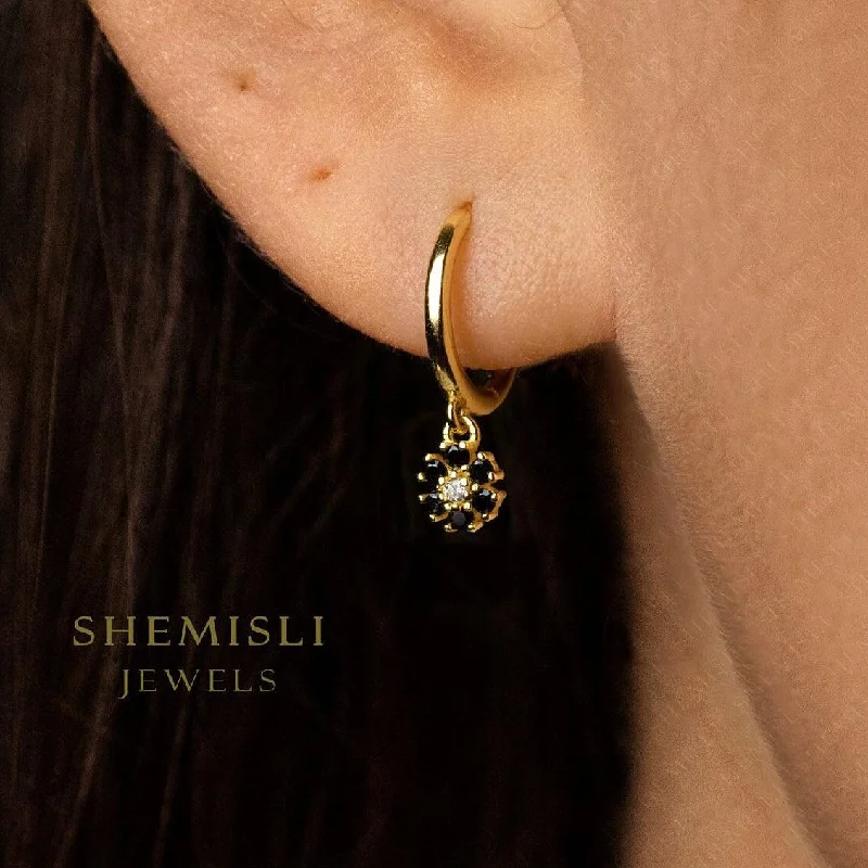 Women’s designer earrings-Tiny Black Flower CZ Drop Hoop Earrings, Flower Dangle Huggies, Gold, Silver SHEMISLI SH534