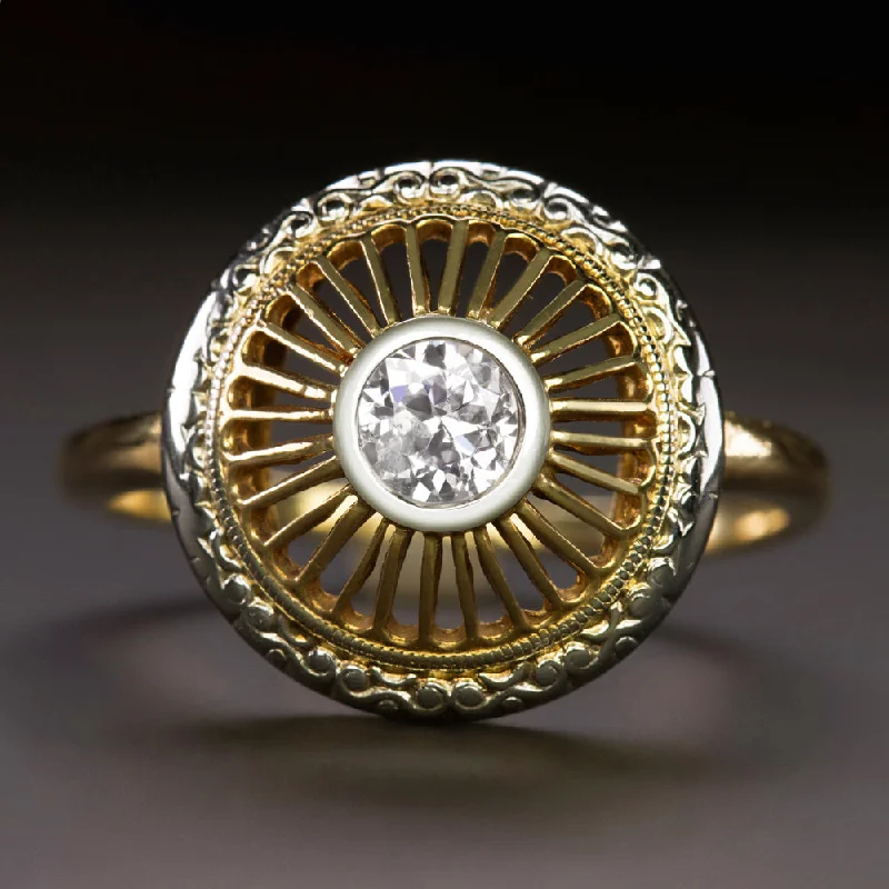 Women’s oval diamond engagement ring-VINTAGE DIAMOND COCKTAIL RING 1/4ct OLD EUROPEAN CUT 14k YELLOW GOLD WHEEL SPOKE