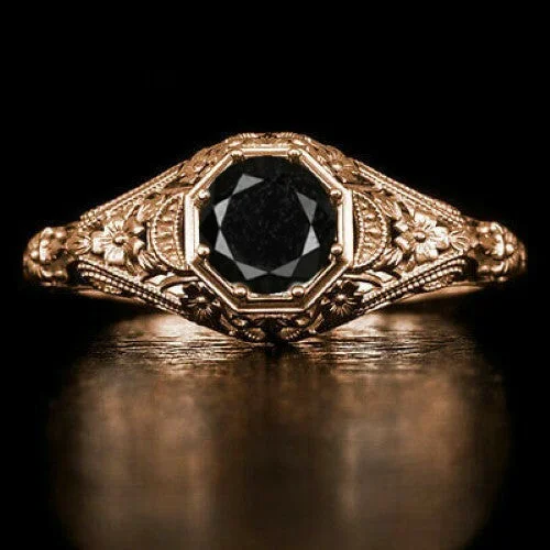 Women’s custom diamond engagement ring-BLACK DIAMOND VINTAGE STYLE RING 14k ROSE GOLD FLORAL FILIGREE SOLITAIRE ROUND