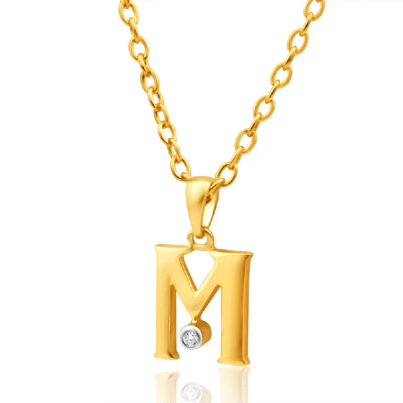 Women’s angel wing necklace-9ct Yellow Gold Pendant Initial M set with diamond