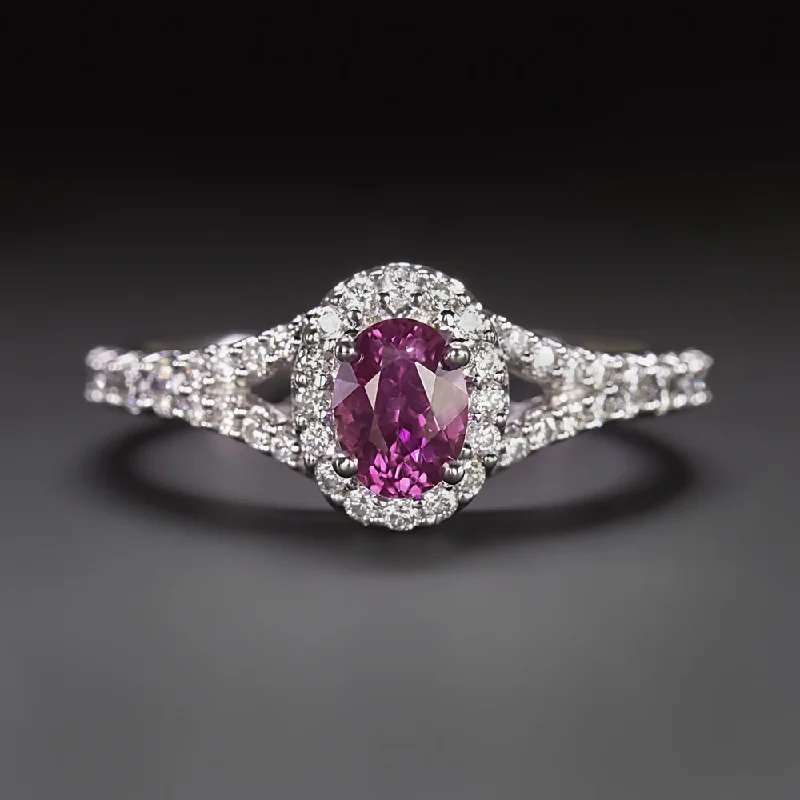 Women’s solitaire engagement ring-PINK SAPPHIRE DIAMOND COCKTAIL RING OVAL SHAPE HALO SPLIT SHANK 14k WHITE GOLD