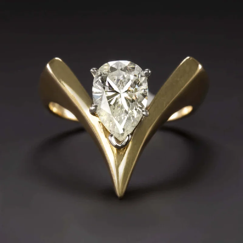 Women’s white gold engagement ring-1.60ct PEAR CUT DIAMOND VINTAGE COCKTAIL RING V SHAPE STATEMENT 14k YELLOW GOLD