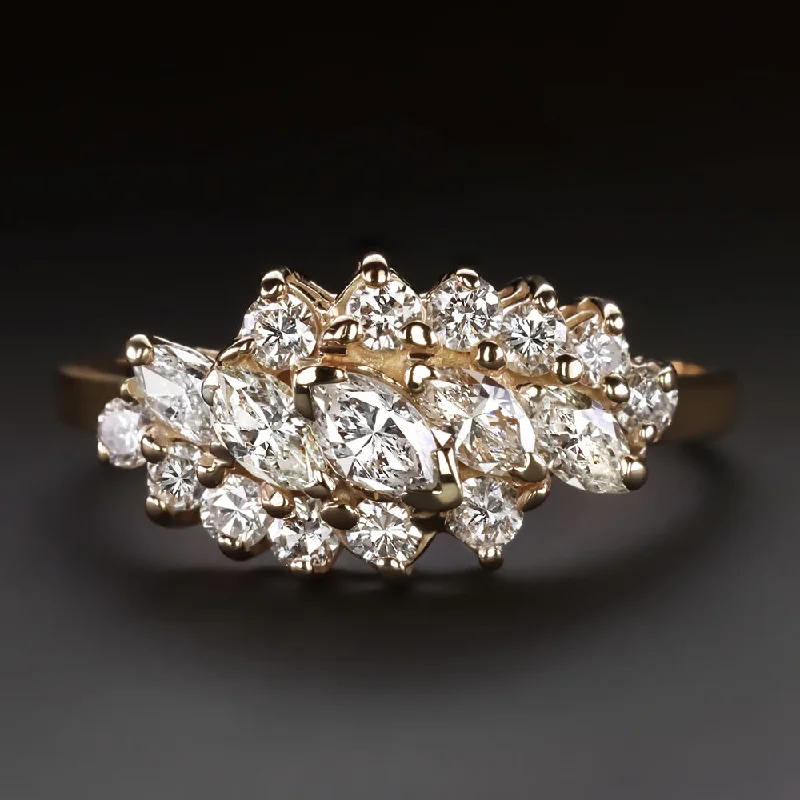 Women’s diamond engagement ring-1.11ct NATURAL DIAMOND COCKTAIL RING BYPASS CLUSTER 14k YELLOW GOLD MARQUISE CUT