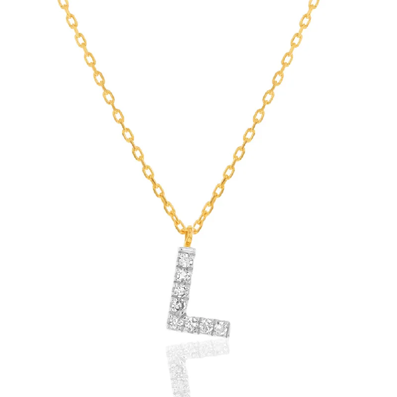 Women’s tennis necklace-Luminesce Lab Diamond L Initial Pendant in 9ct Yellow Gold with Adjustable 42cm Chain