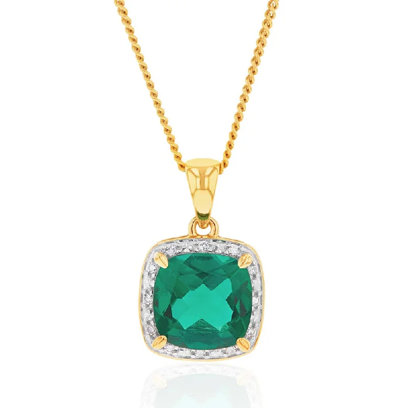 Women’s cubic zirconia necklace-9ct Yellow Gold Created Emerald and Diamond Cushion Cut Pendant