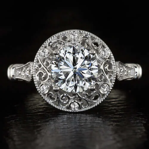 Women’s platinum sapphire engagement ring-1 CARAT GIA CERTIFIED F SI2 VINTAGE STYLE DIAMOND COCKTAIL RING FILIGREE HALO